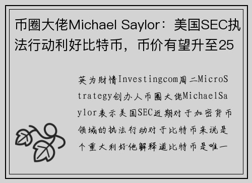 币圈大佬Michael Saylor：美国SEC执法行动利好比特币，币价有望升至25万美元 提供者 